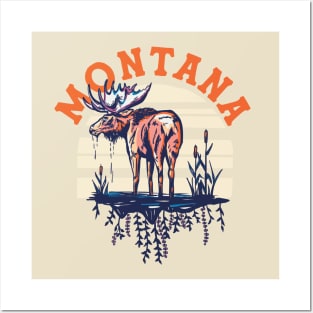 Big Sky Country Montana. Cool Retro Shirt Art Featuring A Moose Posters and Art